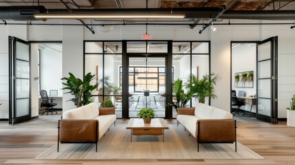 A large open office space with two white couches and a coffee table in the middle. The couches are facing each other and there are potted plants in the room