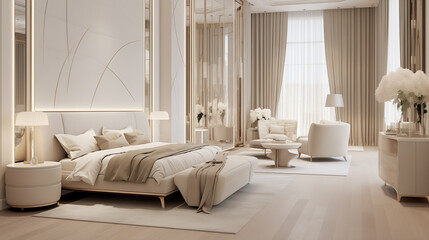 Modern interior design of master bedroom, king size bed with bed sheets, wooden flooring and classic style gray walls with decorative moldings, 3d rendering