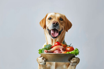 A smiling Labrador Retriever holding a bowl of fresh produce and meat, emphasizing healthy dog meals