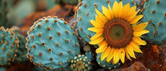 Vibrant Sunflower Close-Up with Desert Cactus Background - Capturing Texture and Color Harmony in Arid Landscapes