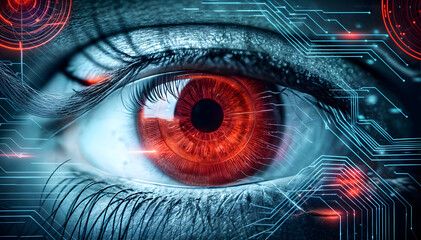 Close-up of red eye with digital circuits