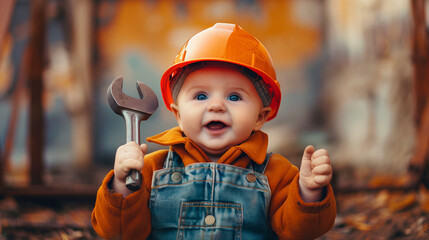 Cute Baby in Construction Outfit Holding Wrench, Smiling, Orange Hard Hat
