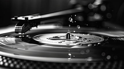 Cinemagraph loop vinyl record player turntable with its stylus running along music plate. Neon light. Retro-styled spinning record vinyl player. Close up