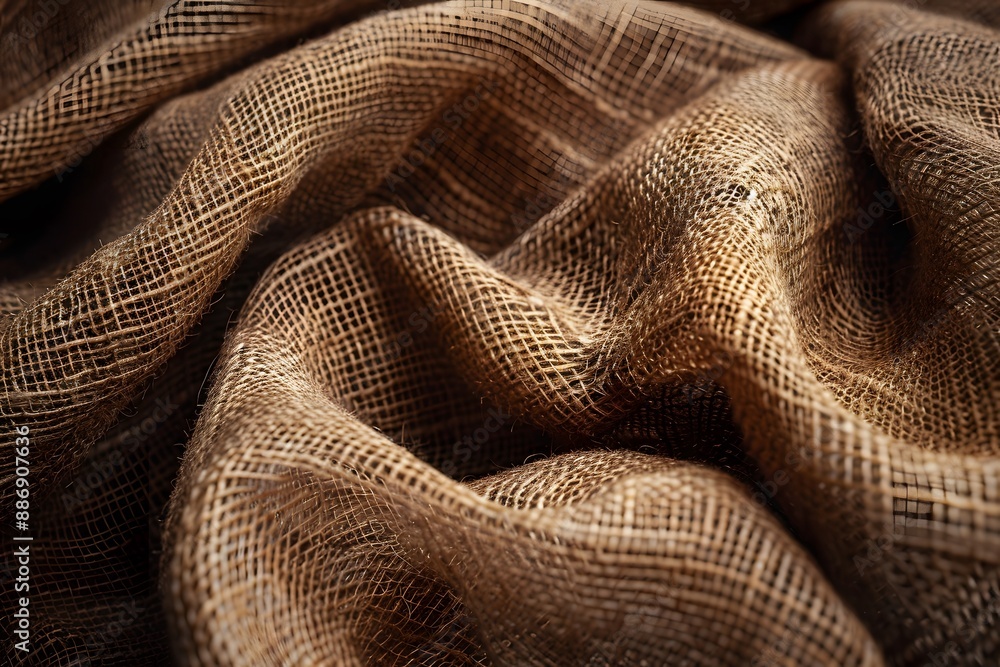Poster close-up of textured brown burlap fabric with intricate weave patterns