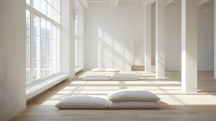 Fototapeta premium A room with a large tree in the middle and a lot of white furniture
