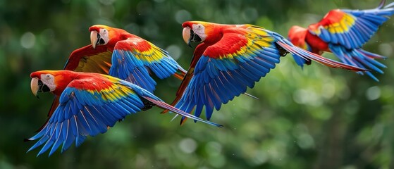 Obraz premium Majestic Scarlet Macaws Soaring Amongst Vibrant Amazon Rainforest, Displaying Stunning Red, Blue, and Yellow Feathers