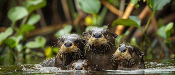 Obraz premium Playful Giant Otter Family Enjoying River Life in the Lush Amazon Rainforest