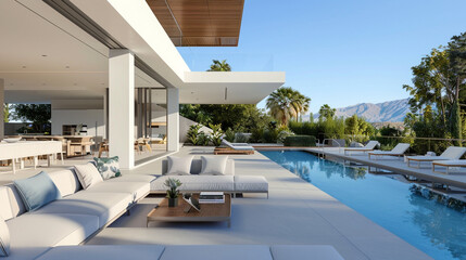 Fototapeta premium Modern villa featuring a spacious outdoor lounge and sleek pool area.