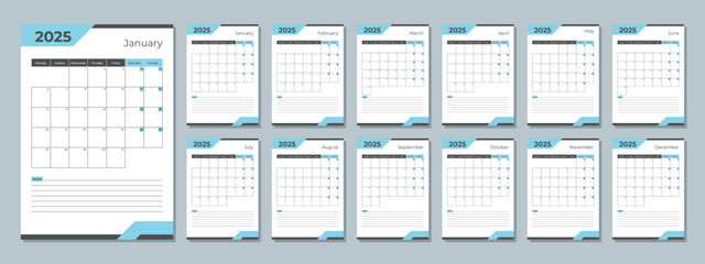 2025 calendar template. Corporate and business planner diary. The week starts on Monday. Set of 12 months pages.