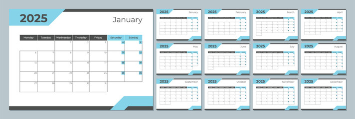 2025 calendar template. Corporate and business planner diary. The week starts on Monday. Set of 12 months pages.