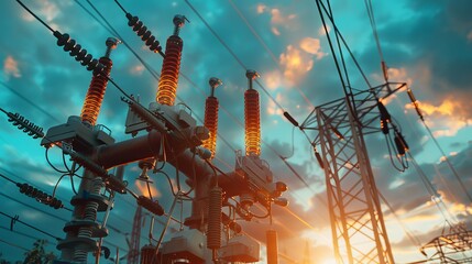 A transformer is a piece of equipment used to adjust voltage levels, typically found in high-voltage power stations. It's associated with high-voltage electric towers set against a sky background.