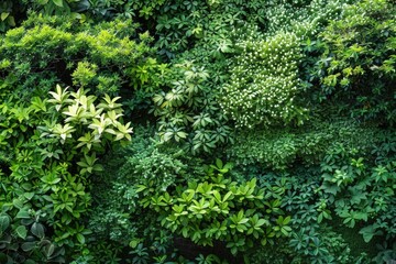 A picture of various green plants growing on the side of a wall, great for use in interior design or nature-themed articles