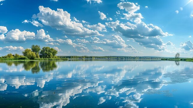 An awe-inspiring panorama of Lake Elton on a summer day, featuring a beautiful sky adorned with clouds and their reflection in the water