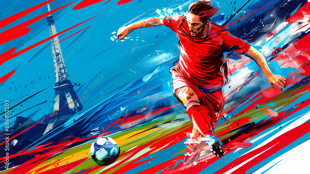 Wall mural Illustration of soccer player in red and blue uniform dribbling the ball with the Eiffel Tower in the background. Paris 2024 concept