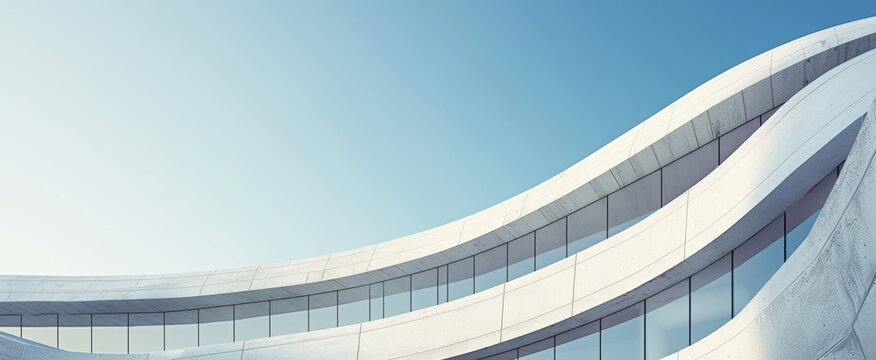 Fototapeta Modern building facade with curved concrete walls and windows reflecting blue sky