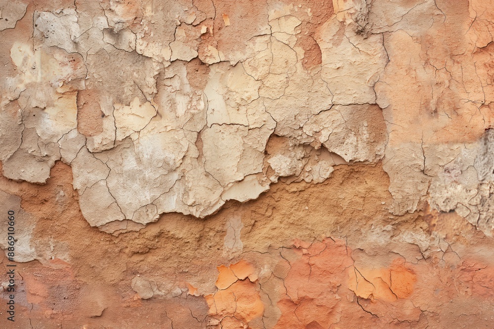 Aufkleber Weathered wall surface with peeling paint layers. Close-up view from below shows beige to brown colors with orange and red patches adding depth. Ideal for industrial, architecture, or design projects.