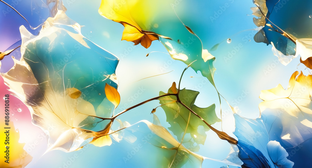 Poster Abstract Watercolor Painting of Leaves in Blue Sky