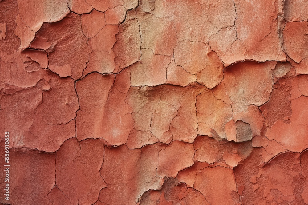 Poster weathered terracotta wall with cracks and chips. close-up view from below shows orange-red hues. out