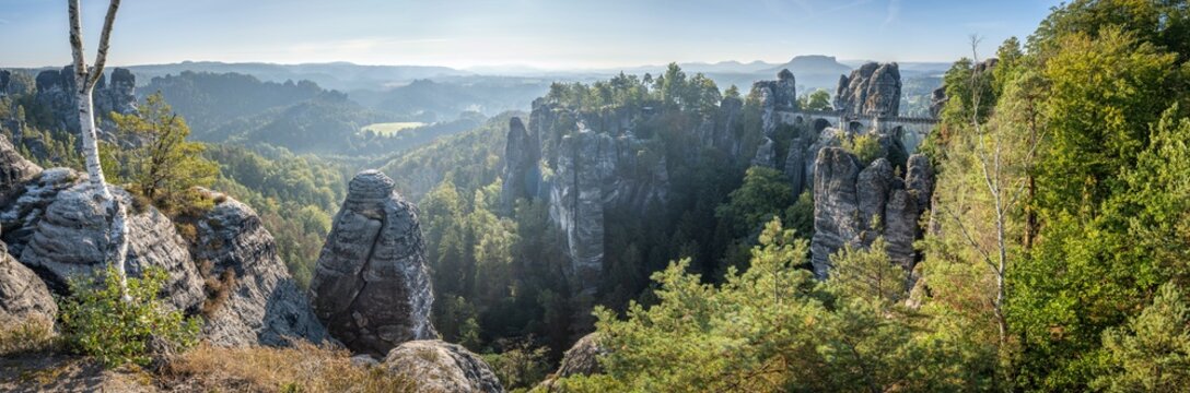 Bastei panorama in summer, Saxon Switzerland, Saxony, Germany