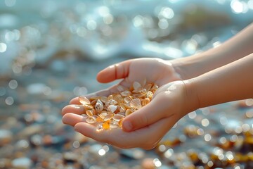 Child's Hands Holding Seashells by the Shore