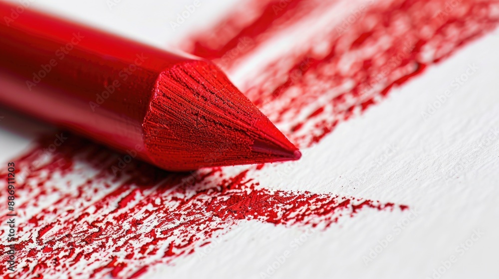 Poster a close-up shot of a red pencil resting on a piece of paper, suitable for illustrations, notes and c