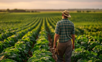 Fototapeta premium Farmer standing in a lush green field during sunset, inspecting his crops