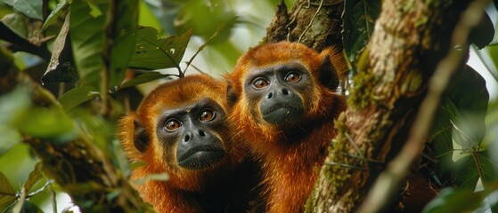 Obraz premium Tropical Encounter: Red Howler Monkeys Amid Lush Amazon Rainforest Canopy