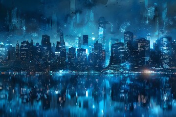 Futuristic Cityscape with Neon Blue Lights Reflecting on Water