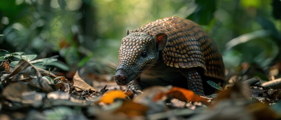 Fototapeta premium Curious Armadillo Burrowing in Lush Amazon Rainforest Habitat Surrounded by Foliage and Plants