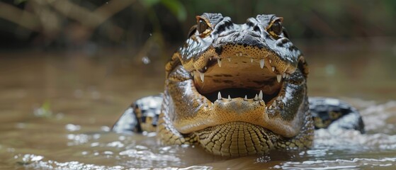 Wild Caiman in Amazon Rainforest, Mouth Agape, Partially Submerged in River