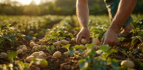 Obraz premium Farmer's hands harvesting fresh potatoes in a sunlit field