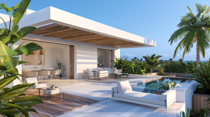 Fototapeta premium Luxury villa with a rooftop terrace and minimalist design.