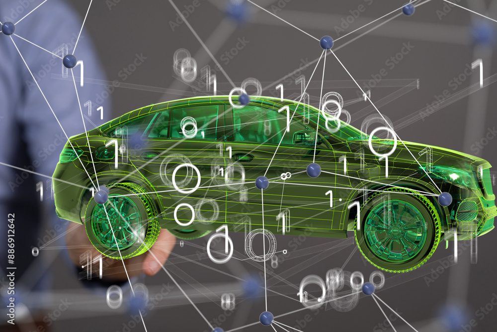 Poster autonomous car with hud graphic of navigation system driving