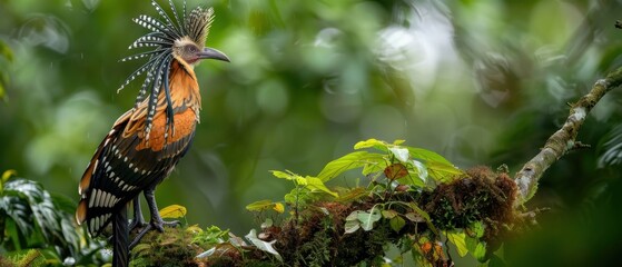 Majestic Hoatzin Bird Perched in Amazon Jungle amidst Lush Green Foliage