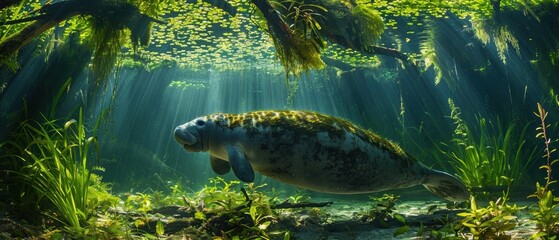 Fototapeta premium Serene Amazonian Manatee Grazing in Clear River with Aquatic Plants