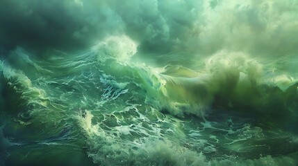 Iridescent sapphire waves amidst a seafoam green mist