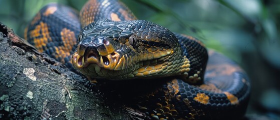 Fototapeta premium Camouflaged Anaconda Coiled Around Tree in Lush Amazon Rainforest