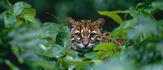 Obraz premium Elusive Ocelot Camouflaged in Amazon Jungle Foliage