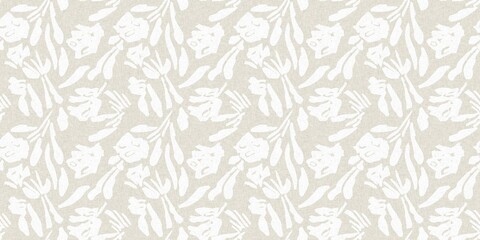 Seamless french gender neutral floral linen printed fabric border background. Light mottled white on grey cottage core block print pattern. Shabby chic woven duotone cloth effect. 
