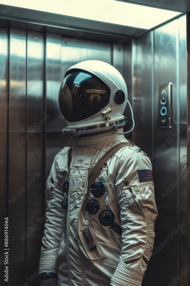 Poster A person in a space suit standing inside an elevator, informative description for a picture
