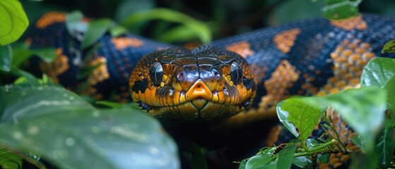 Fototapeta premium Camouflaged Anaconda in Amazon Jungle - Stealthy Serpent Concealed in Lush Underbrush