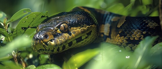 Camouflaged Anaconda in Amazon Jungle: Master of Stealth