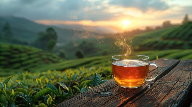 Cup of hot tea and leaf on the wooden table with the tea plantations background