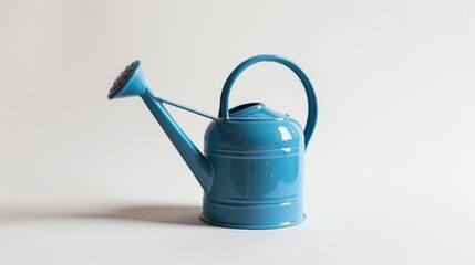 Miniature blue watering can symbolizing nurturing and growth on white background