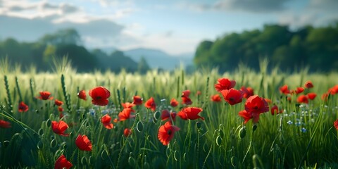 Low angle view of poppies in green field in Bavaria Germany. Concept Flower Fields, Bavaria, Germany, Low Angle View, Poppies