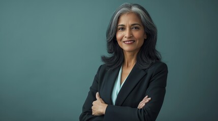 Confident MiddleAged South Asian Businesswoman in Professional Suit, Ideal for Corporate Profiles, Marketing Materials, and Leadership Representation