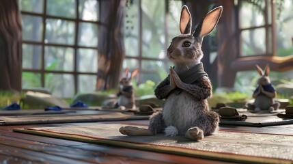 rabbit in yoga attire, leading a yoga class,  serene studio setting