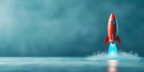 Rocketthemed product launch in a futuristic setting with a blue Metaverse background. Concept Product Launch, Futuristic Setting, Blue Metaverse Background, Rocket Theme