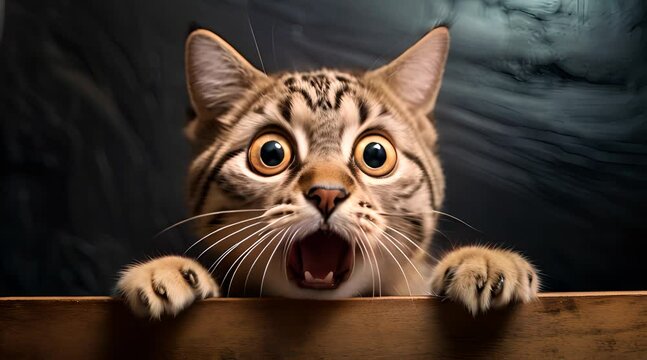 Funny cat with surprised face expression. A cute kitten asks in surprise where the treats are
