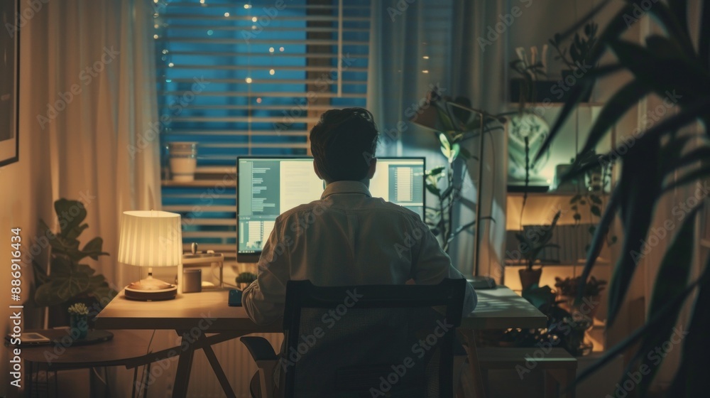 Aufkleber a graphic designer works late into the night, their silhouette illuminated by a desk lamp and the gl